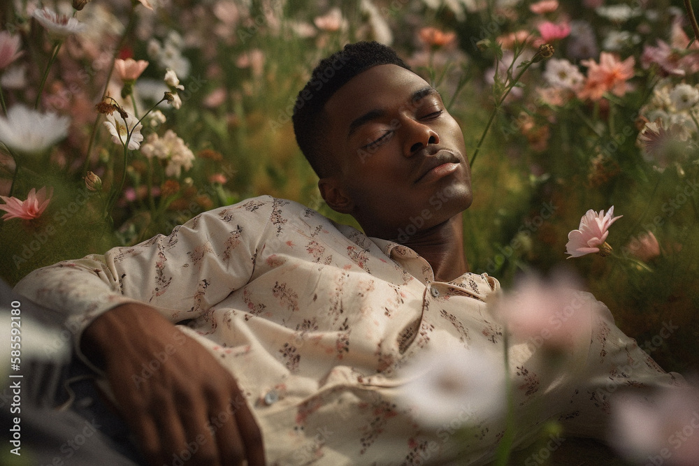 Beautiful portrait close-up of a young man lying in a flower field made with generative AI