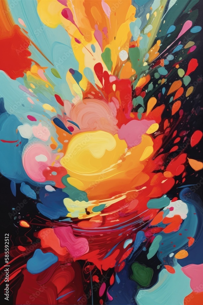 Fototapeta premium Abstract painting splashes of paint in synchronised colorful grouping, on canvas. Generative ai. Very colourful and vibrant realistic paint splashes