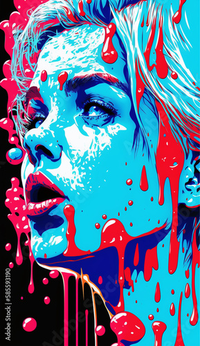 water girl pop art  blue and red   pink painting