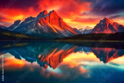Serene mountain landscape background in sunrise. Generative AI © Scrudje