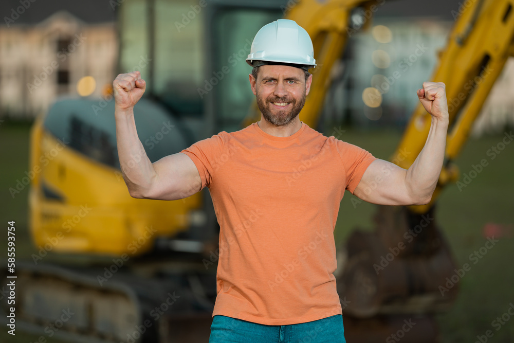 Construction build man with excavator at industrial site. Worker in helmet with bulldozer. Engineer work with builder contractor in hardhat. Excavation foreman with tractor. Workman with excavator. Construction build man with excavator at industrial site. Worker in helmet with bulldozer. Engineer work with builder contractor in hardhat. Excavation foreman with tractor. Workman with excavator.