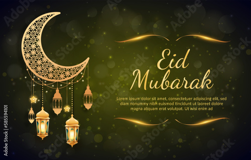 beautiful eid mubarak banner with quote and beautiful shiny islamic ornament and abstract gradient black and green background design