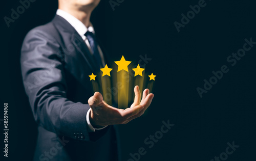 Fototapeta Naklejka Na Ścianę i Meble -  customer services best excellent business rating experience. Satisfaction survey concept. Hand of a businessman chooses a 5 Star Satisfaction.
