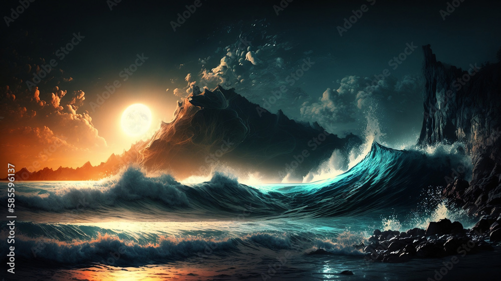 Fantasy Landscape with Mountains and Sun, Background / Backdrop / Wallpaper / Home screen / Lock screen / Desktop Background, generative, ai