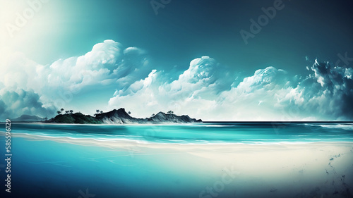 Fantasy Beach with clouds and ocean, Background / Backdrop / Wallpaper / Home screen / Lock screen / Desktop Background, generative, ai © MockupArt