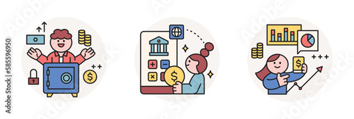 Finance and people, accounts for household economic growth, investment plan management. Vault, mobile banking, financial data. Vector illustration.
