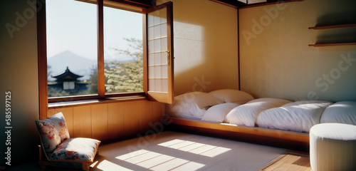 Traditional Minimal Japanese Bedroom With Window Open Generative AI Photo