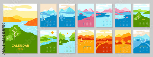 Calendar 2023 with landscape set. Abstract minimalist nature scenery four seasons spring, autumn, summer, winter template typography collection. Monthly trendy calendar planner page and cover vector