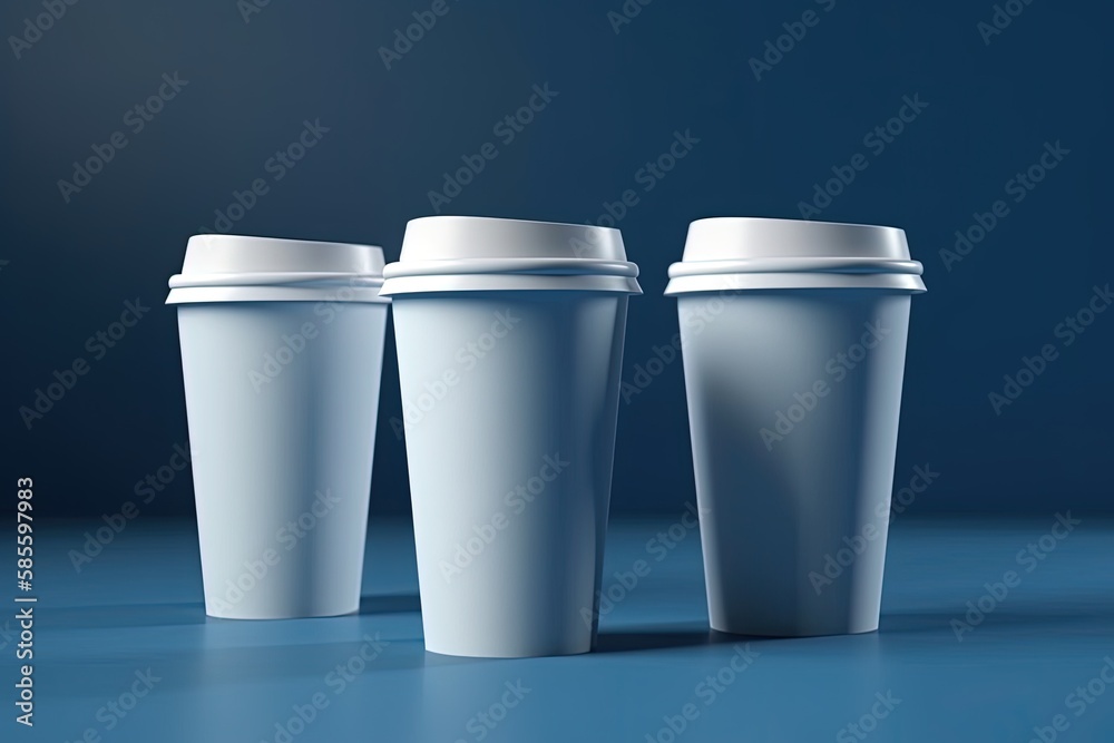three white coffee cups arranged in a row. Generative AI three white coffee cups arranged in a row. Generative AI
