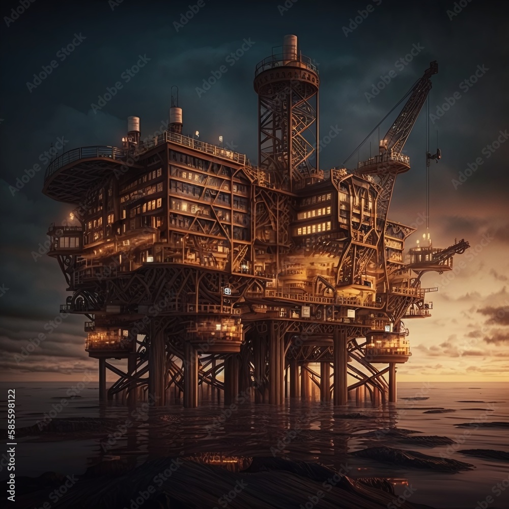 Fictional Oil Platform at Sunrise in the North Atlantic Ocean Generated by AI Fictional Oil Platform at Sunrise in the North Atlantic Ocean Generated by AI