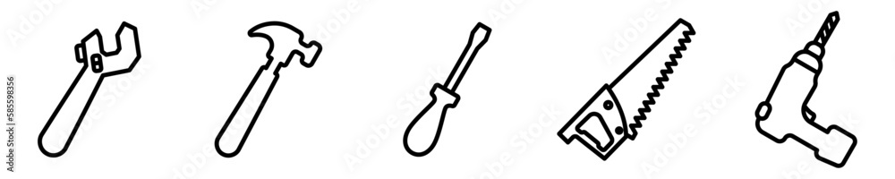 Conjunto de iconos de herramientas de construcción. llave inglesa, martillo, destornillador, sierra, taladro. Concepto de ajustes y reparación. Ilustración vectorial Conjunto de iconos de herramientas de construcción. llave inglesa, martillo, destornillador, sierra, taladro. Concepto de ajustes y reparación. Ilustración vectorial