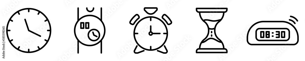 Conjunto de iconos de reloj y alarmas. Concepto de tiempo. Despertador, hora, reloj de arena. Ilustración vectorial Conjunto de iconos de reloj y alarmas. Concepto de tiempo. Despertador, hora, reloj de arena. Ilustración vectorial