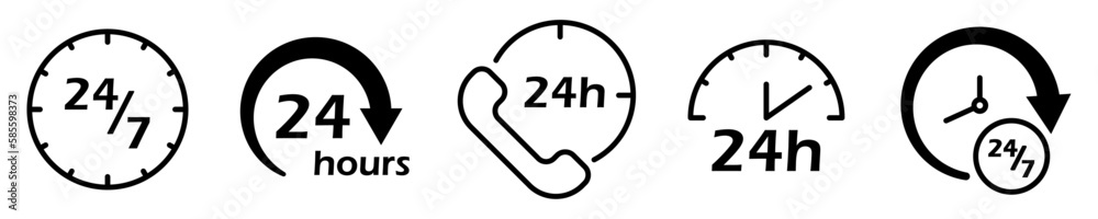 Conjunto de iconos de servicio 24 horas. Atención al cliente, centro de llamadas, emergencias, siempre abierto, horario de atención. Ilustración vectorial Conjunto de iconos de servicio 24 horas. Atención al cliente, centro de llamadas, emergencias, siempre abierto, horario de atención. Ilustración vectorial
