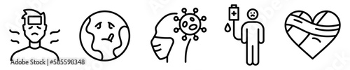 Conjunto de iconos de enfermedad. Persona enferma, planeta enfermo, contagio de virus, tratamiento medicinal, curar. Ilustración vectorial