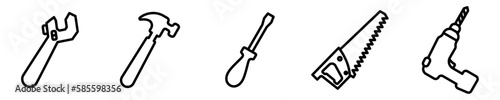 Conjunto de iconos de herramientas de construcción. llave inglesa, martillo, destornillador, sierra, taladro. Concepto de ajustes y reparación. Ilustración vectorial