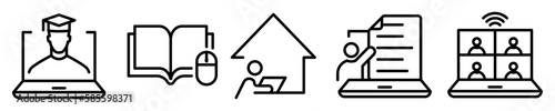 Conjunto de iconos de educación virtual. Concepto de aprendizaje. Videoconferencia, clase en línea, cursos, trabajo en casa, libro electrónico, videollamada. Ilustración vectorial