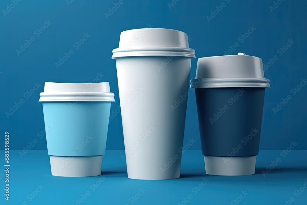 three cups of coffee on a blue background. Generative AI three cups of coffee on a blue background. Generative AI