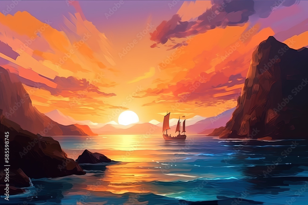 Dreamlike sunset over the ocean digital painting