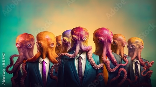 Corporate Zoo: Octopus or kraken Animal Professionals in Stylish Business Attire on Vibrant Rainbow Backdrop in 8K created with generative ai technology
