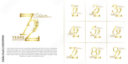 set of anniversary logotype golden color with golden leaf for special celebration event