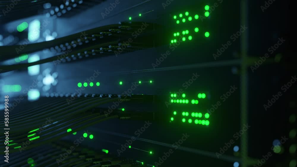 Super computer server racks in datacenter. Concept of big data storage and mining cryptocurrency. Network routers of ISP. Many wires connect to the network interfaces of powerful internet servers Super computer server racks in datacenter. Concept of big data storage and mining cryptocurrency. Network routers of ISP. Many wires connect to the network interfaces of powerful internet servers