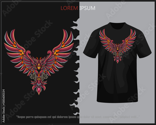 Colorful phoenix bird mandala arts isolated on black t-shirt.