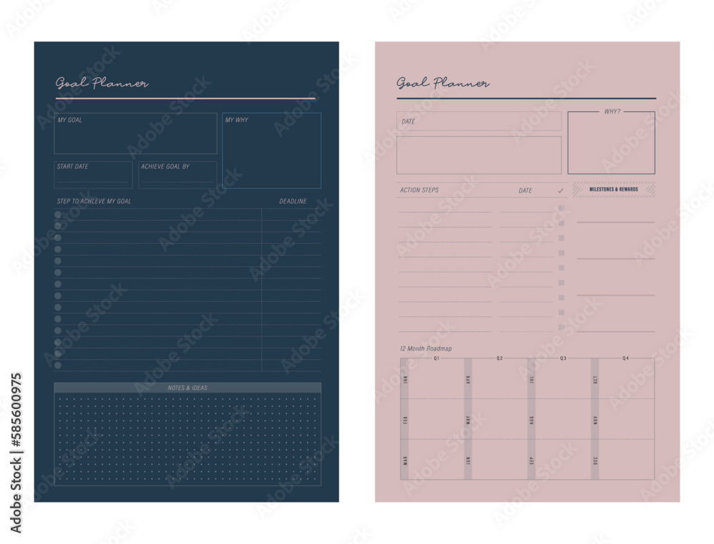 (Ocean and Pink) 2 set of Goal overview planner. Minimalist planner template set. Vector illustration. (Ocean and Pink) 2 set of Goal overview planner. Minimalist planner template set. Vector illustration.