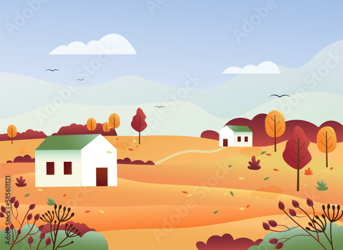 Autumn landscape with rural houses  hills and forest. Sunny day in the countryside in autumn. Vector drawing in a flat style with gradients. Illustrations for banners  backgrounds  advertising  web