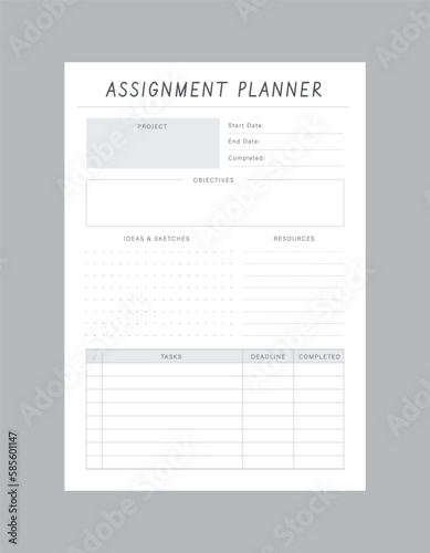 Assignment Planner. Minimalist planner template set. Vector illustration.
