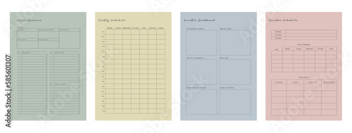 4 set of Semester, Course Overview, weekly schedule Planner. Minimalist planner template set. Vector illustration.	