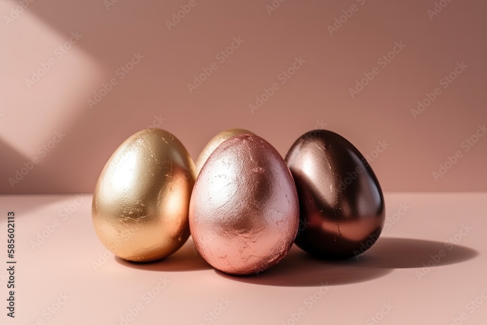 three shiny metallic eggs in a row. Generative AI three shiny metallic eggs in a row. Generative AI