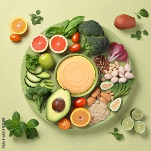 Ai illustration of Healthy, colorful mixed salad plate with avocado, broccoli, other veggies and fruits, and a jar of hummus in the center, perfect for a vegetarian or plant-based diet.