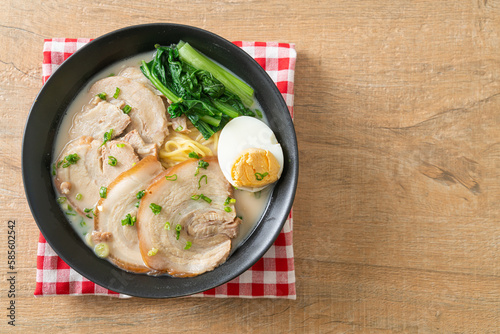 Ramen noodles in pork bone soup with roast pork and egg