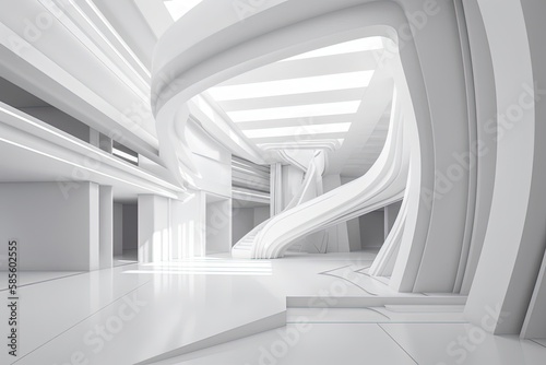 Spacious White Room with a Striking Spiral Staircase. Generative AI