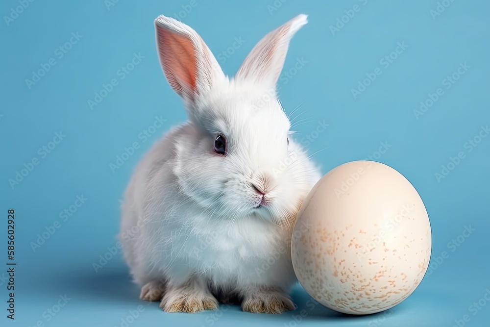 white rabbit and an egg on a blue background. Generative AI