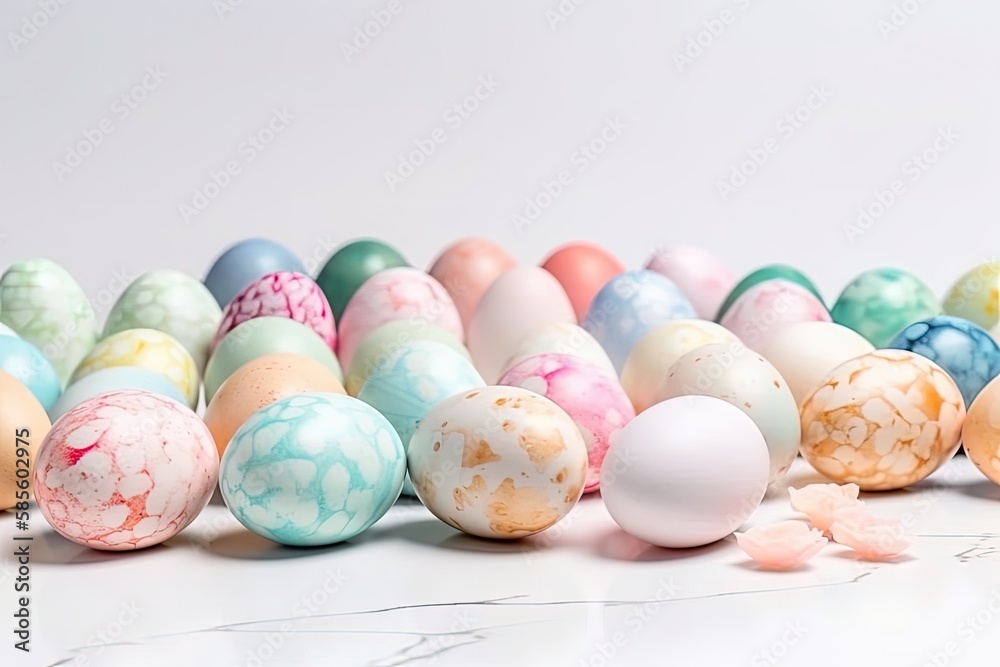 Fototapeta premium row of marbled eggs on a white background. Generative AI
