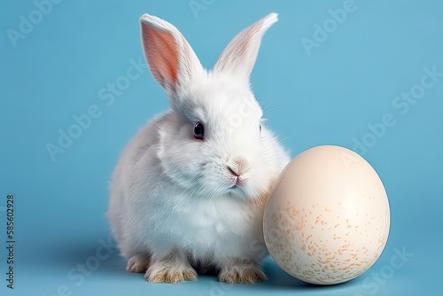 white rabbit and an egg on a blue background. Generative AI © AkuAku