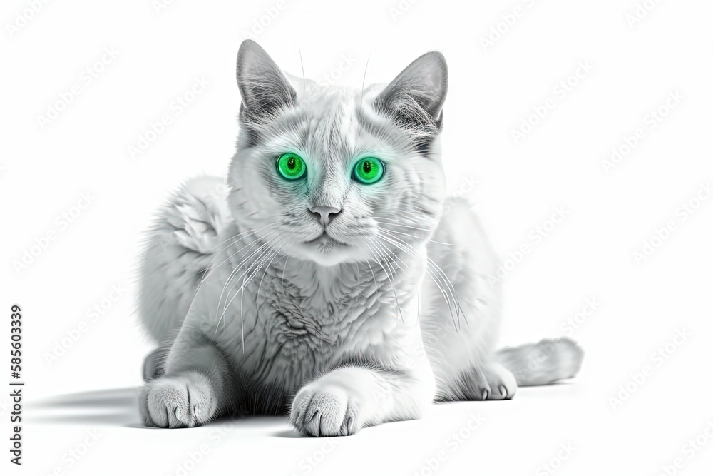 white cat with striking green eyes lounging. Generative AI