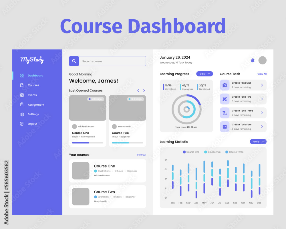 Course Dashboard design UI Kit. Desktop app with UI. Use for web application or website. Learning Dashboard.