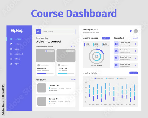 Course Dashboard design UI Kit. Desktop app with UI. Use for web application or website. Learning Dashboard.