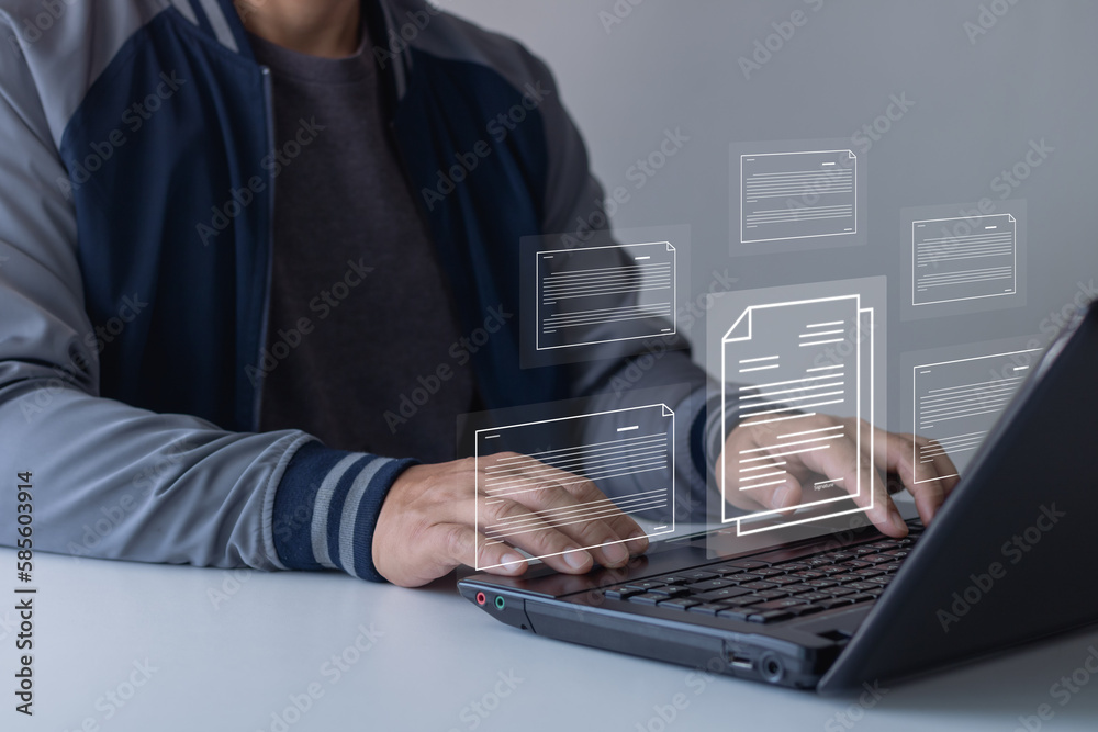 Online documentation database and document management system concept. Business people working on laptop with virtual screen. Process automation to efficiently manage files, digital file storage system Online documentation database and document management system concept. Business people working on laptop with virtual screen. Process automation to efficiently manage files, digital file storage system