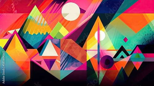 An eye-catching and surreal image featuring colorful geometric shapes in various sizes and angles. The abstract design creates a sense of movement and depth, usable as a wallpaper, generative ai