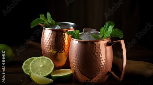 A copper mug brimming with a zesty Moscow Mule, made with spicy ginger beer, tangy lime juice, and smooth vodka. Adorned with a sprig of mint and a slice of fresh lime, perfect cocktail, generative ai