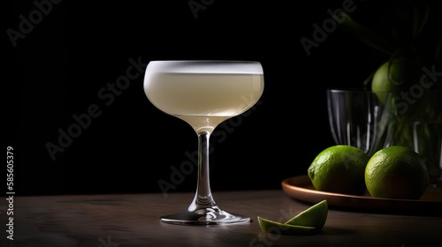 An elegant glass filled to the brim with a smooth and creamy Pisco Sour, garnished with a drop of angostura bitters and a slice of fresh lemon. The drink has a white foam, generative ai