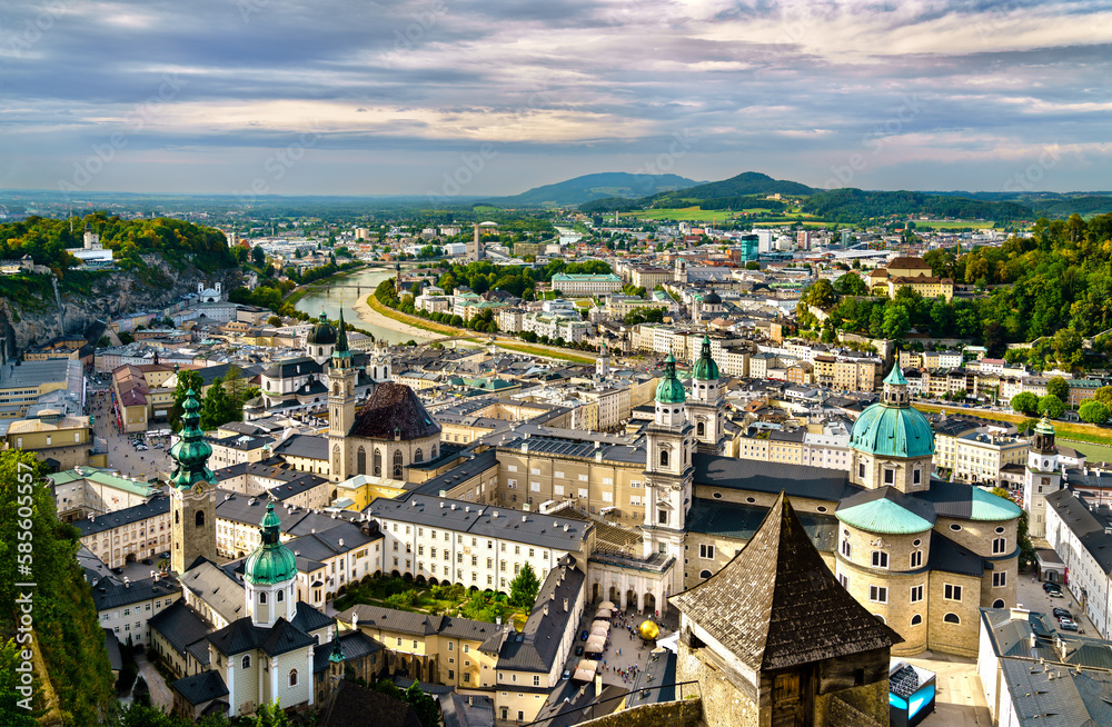 Aerial panorama of Salzburg with Salzburg Cathedral in Austria