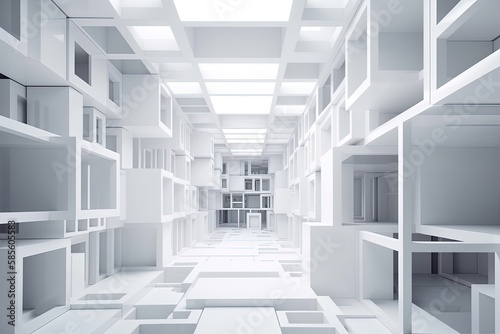 Spacious White Room with Numerous Shelves and Storage Units. Generative AI