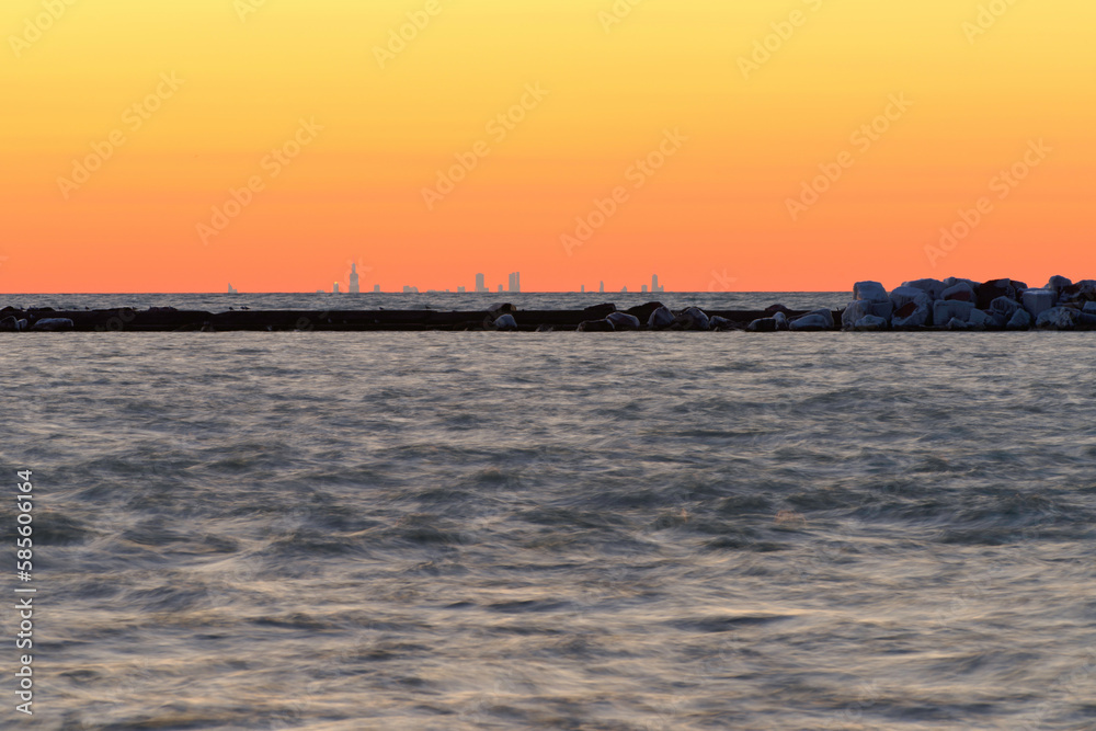 Chicago skyline in the distance after sunset
