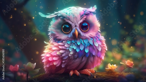 Adorable cartoon rainbow owl. Iridescent baby bird with big eyes. Sweet magical wildlife.
