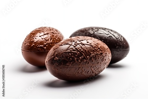 three beautifully designed chocolate Easter eggs. Generative AI