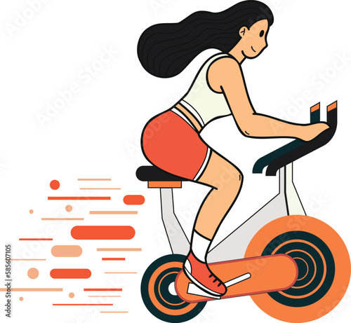 Fitness girl riding a bicycle in the fitness center illustration in doodle style